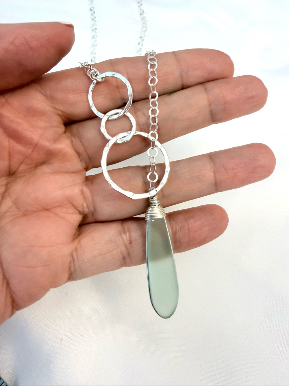 Sterling Silver Lariate Necklace with Sea Glass Teardrop Pendant - Mint Green